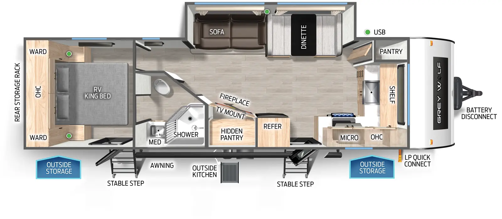 The Grey Wolf 27GH floorplan has two entries and one slide out. Exterior features include: metal exterior and outside kitchen. Interiors features include: front kitchen and rear bedroom.